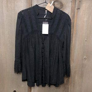 Free People Esme Lace Trim Blouse in Black Size Small